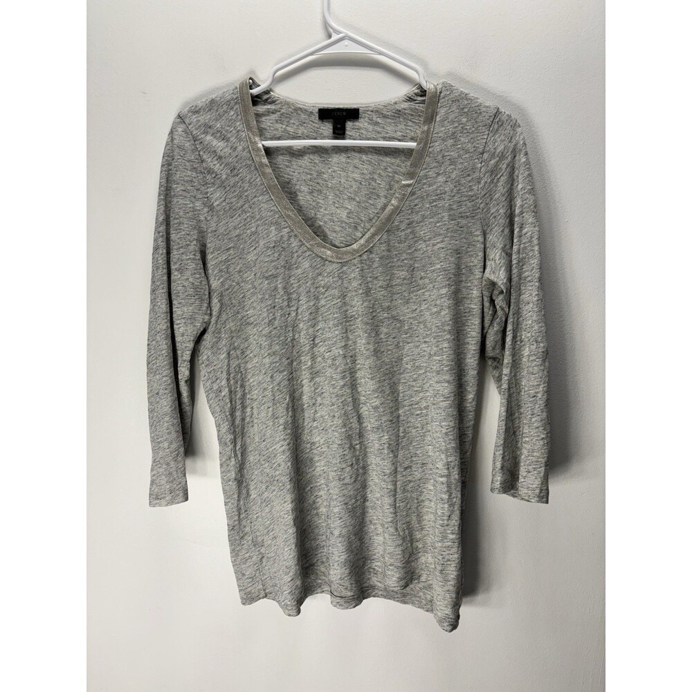J. Crew Women’s  Gray Soft Scoop Neck 3/4 Sleeve Cotton/LEATHER  Slub Tee Top M
